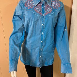 New Grace blue bouse with pink embroidered flowers and a little bling.